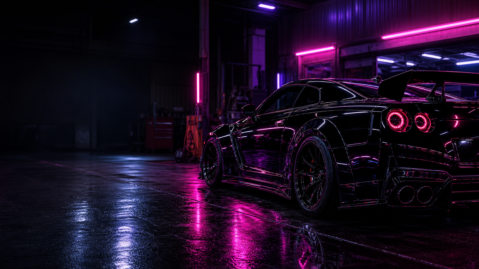 Neon-lit glossy black performance car in the Manurewa Car Painters workshop