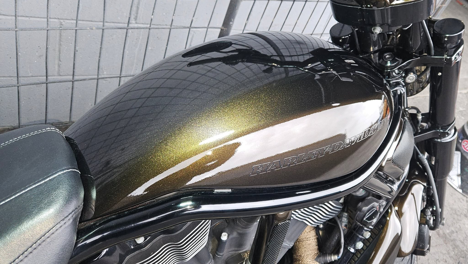 Close-up of a glossy custom motorbike fuel tank